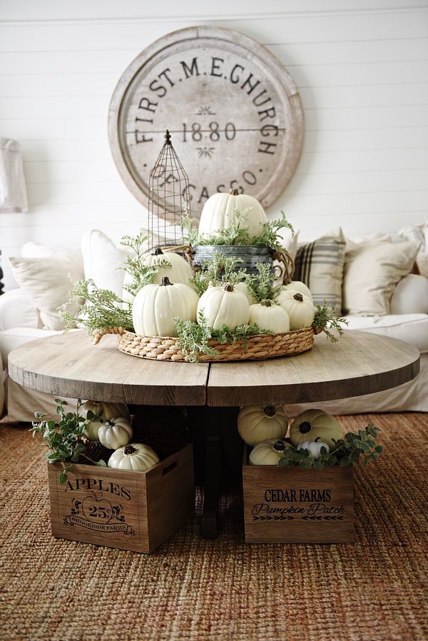 Neutral rustic fall decor- fall in the living room. Great coffee table fall decor.