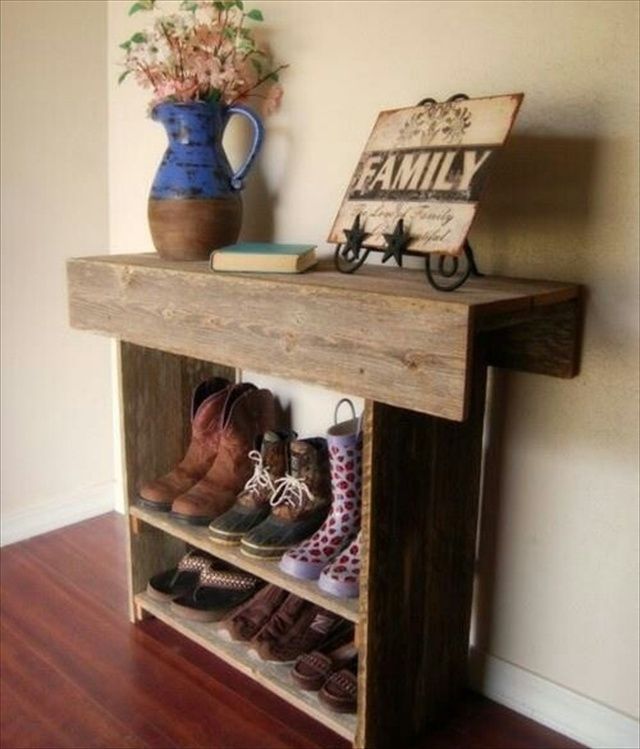 Pallet Wood-Redone to Create a Shoe Rack. Want to do this in the entry with a sit down bench on the side