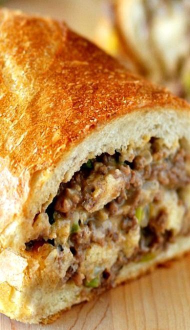Stuffed French Bread – like a philly cheese steak only with ground beef!