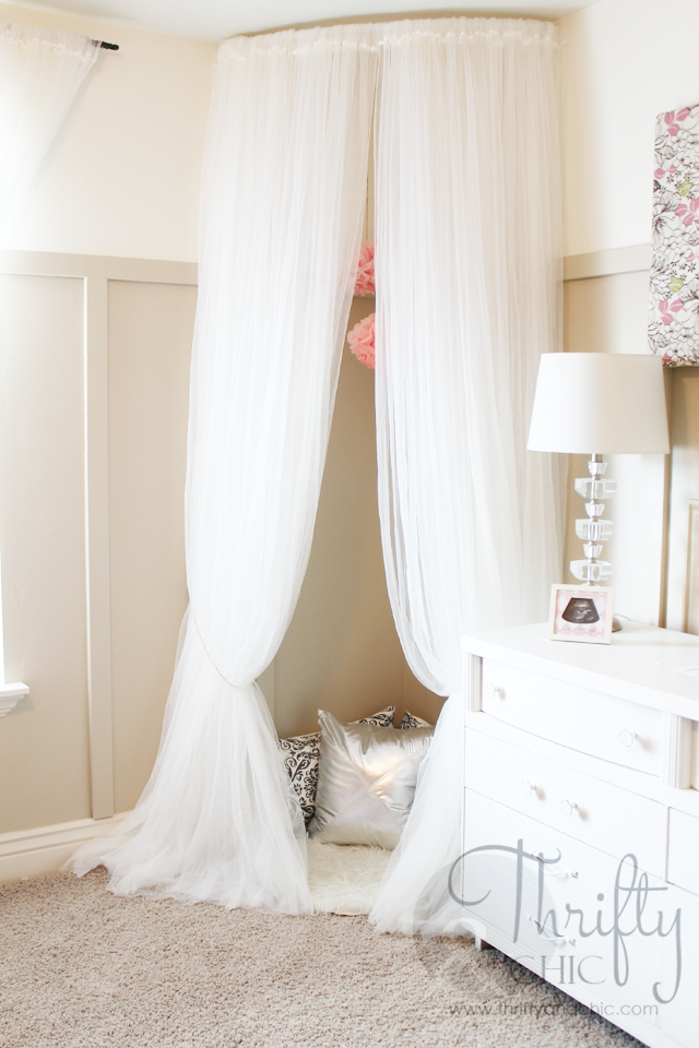 Whimsical Canopy Tent or Reading Nook made from curved curtain rod and $4 ikea curtains