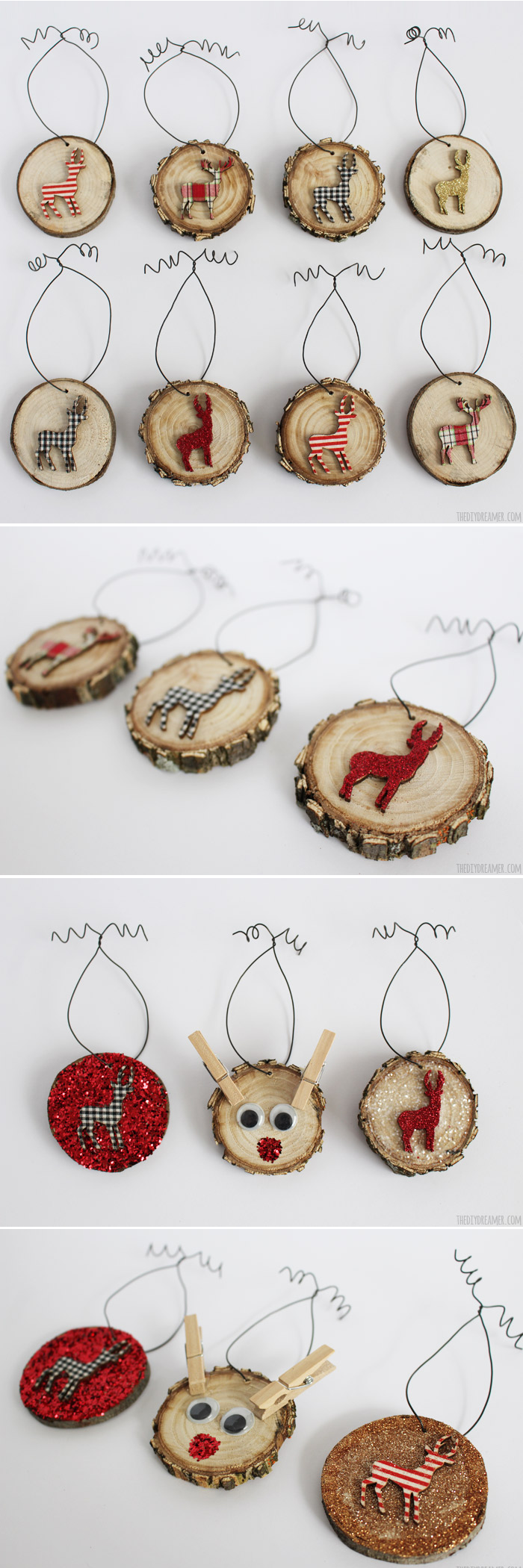 Wood slice ornaments add the perfect touch to your Rustic Christmas theme, especially if you decorate them with deer and Rudolph