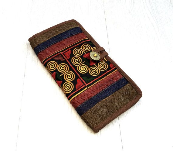 Handmade Long bifold Wallet Clutch, Hemp fabric, Ethnic Embroidered ... -   Handmade Long Wallets