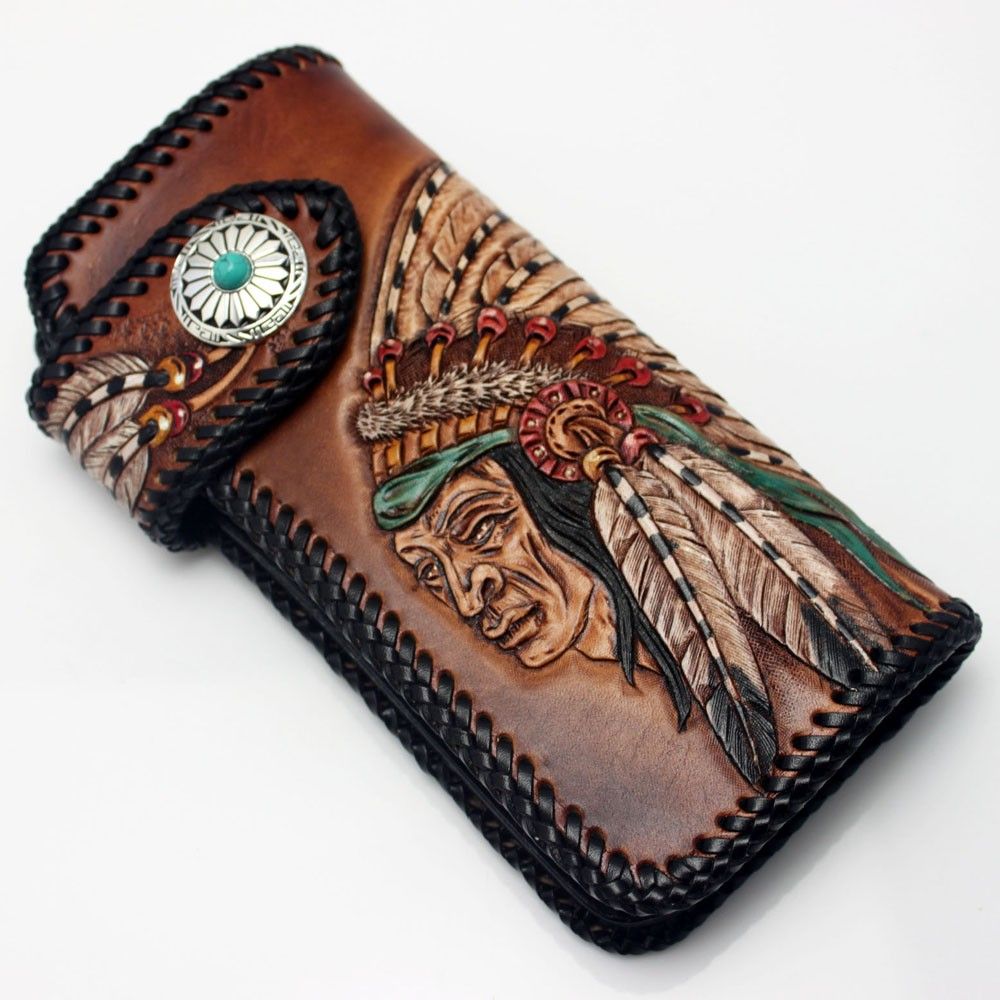 Handmade tanned leather carved Indian chief men's long wallet -   Handmade Long Wallets