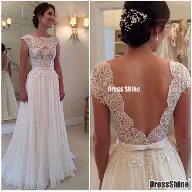 2015 Bateau A-Line Prom Dresses Fully Lace Appliques Chiffon Deep V Black Beach Wedding Dress – PROM