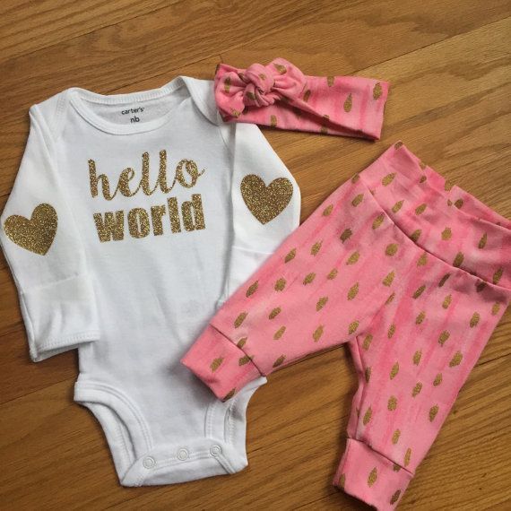 Baby girl going home set – pink and gold theme – hello world, baby shower gift, coming home outfit new baby going home outfit