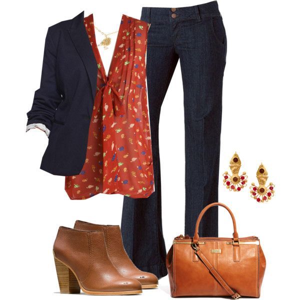 busines casual outfit: jeans, blazer, red blouse // # 155 Plus Size, created by kahlgren on Polyvore