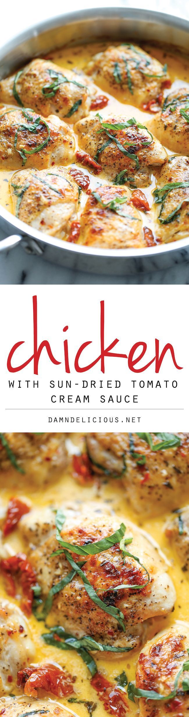 Chicken with Sun-Dried Tomato Cream Sauce – Crisp-tender chicken in the most amazing cream sauce ever. It’s so good, you’ll want