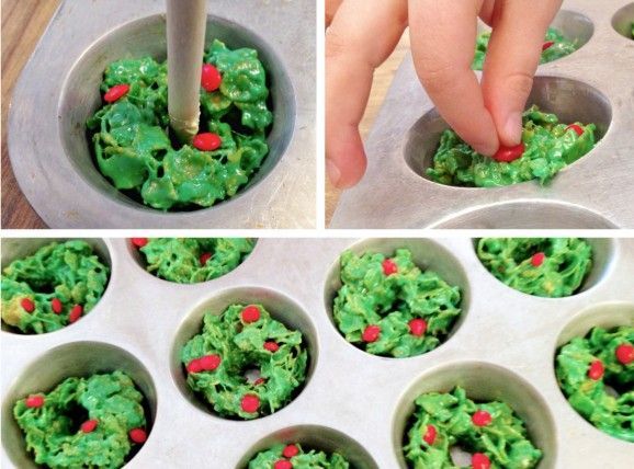 Christmas Corn Flake Wreaths–the secret to getting them shaped like a wreath is greasing a muffin tin, placing a ball of the