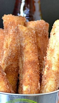 Churros. Cut a puff pastry sheet in half lengthwise. Then cut into 1-inch strips. Bake 8-10 min @ 450 on a cookie sheet til