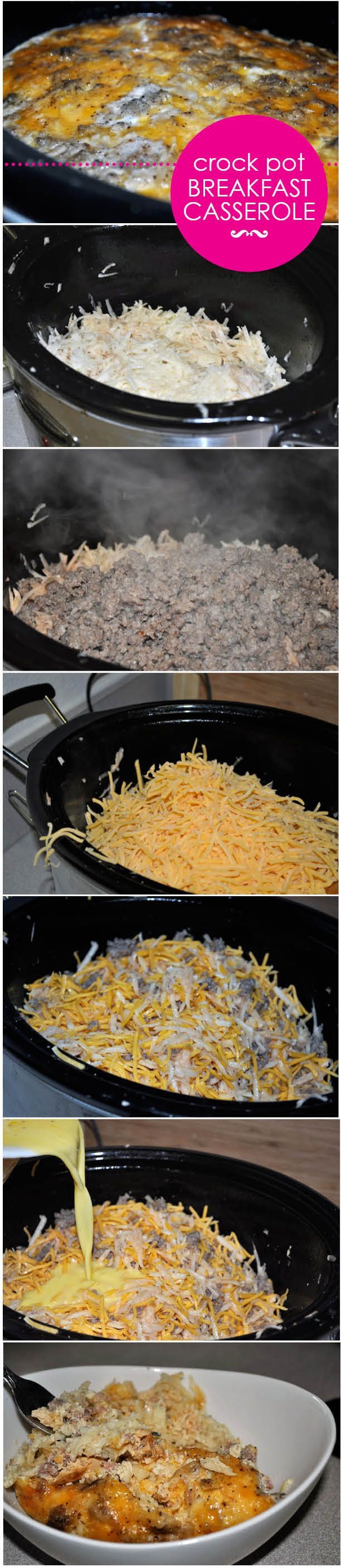 Crock Pot Breakfast Casserole-cooks while you sleep! I made this the other night and was ready when we woke up. So yummy!