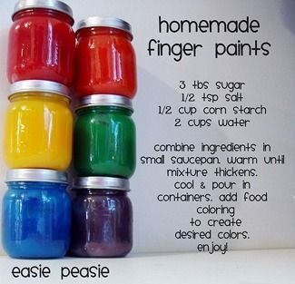 DIY finger paints for toddlers– sugar, salt, corn starch– easy!