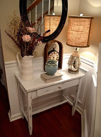 DIY Shabby Chic Foyer Table {Distressing Tutorial}  i like the pitcher with flowers!!!