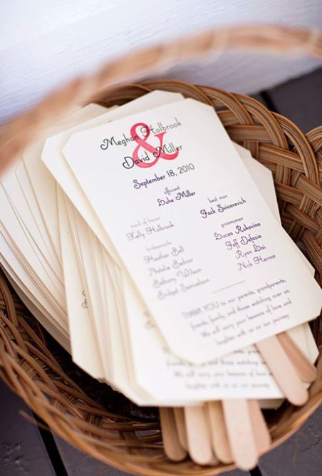 For an outdoor summer wedding, use Popsicle sticks to make programs that double as fans so guests can keep cool.