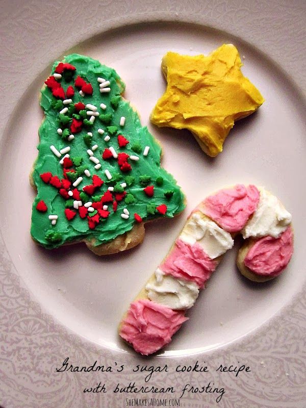 Grandma’s sugar cookie recipe with buttercream frosting. Makes the perfect cut-out Christmas cookies!