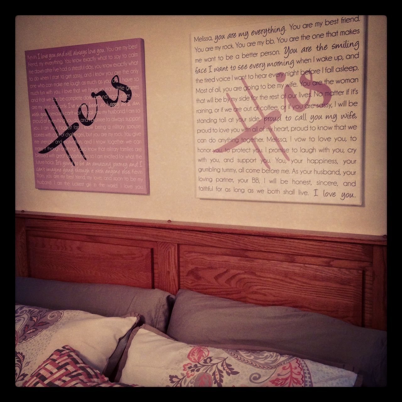 HERS & HIS Wedding Vows Art over the bed decor. in smaller form that would be cool