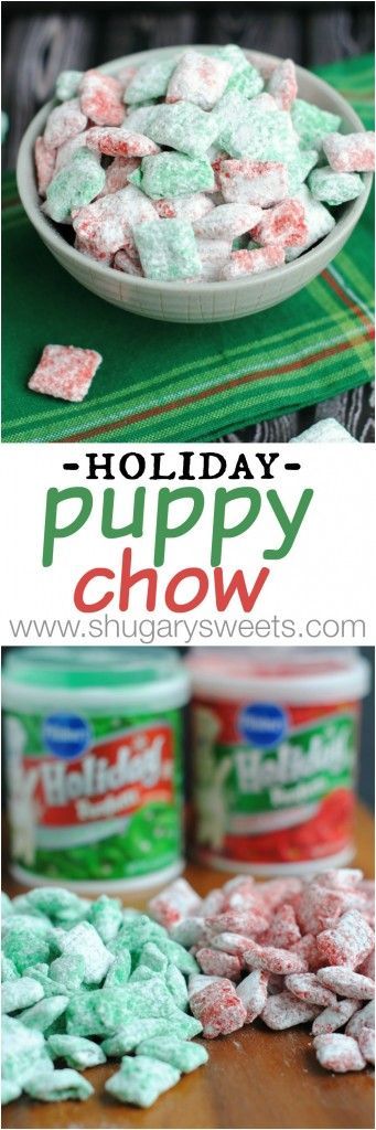 Holiday Puppy Chow: festive red and green muddy buddies for Christmas! Get snacking!