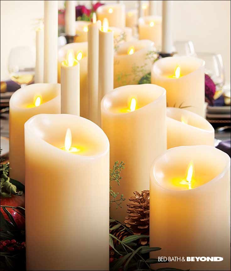 Hosting a holiday party? Create a warm, welcoming tabletop with LuminaraTM candles. They’re flameless, but will “burn”