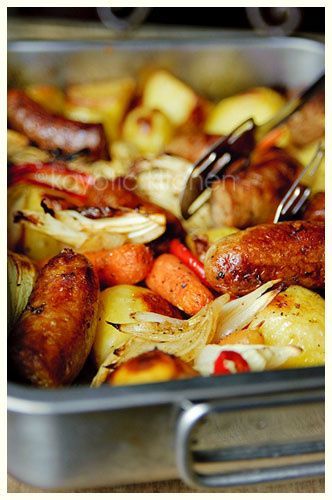 Lazy Day Sausage Casserole.  Omit white potatoes; double the cabbage…(or possibly add Brussels sprouts)