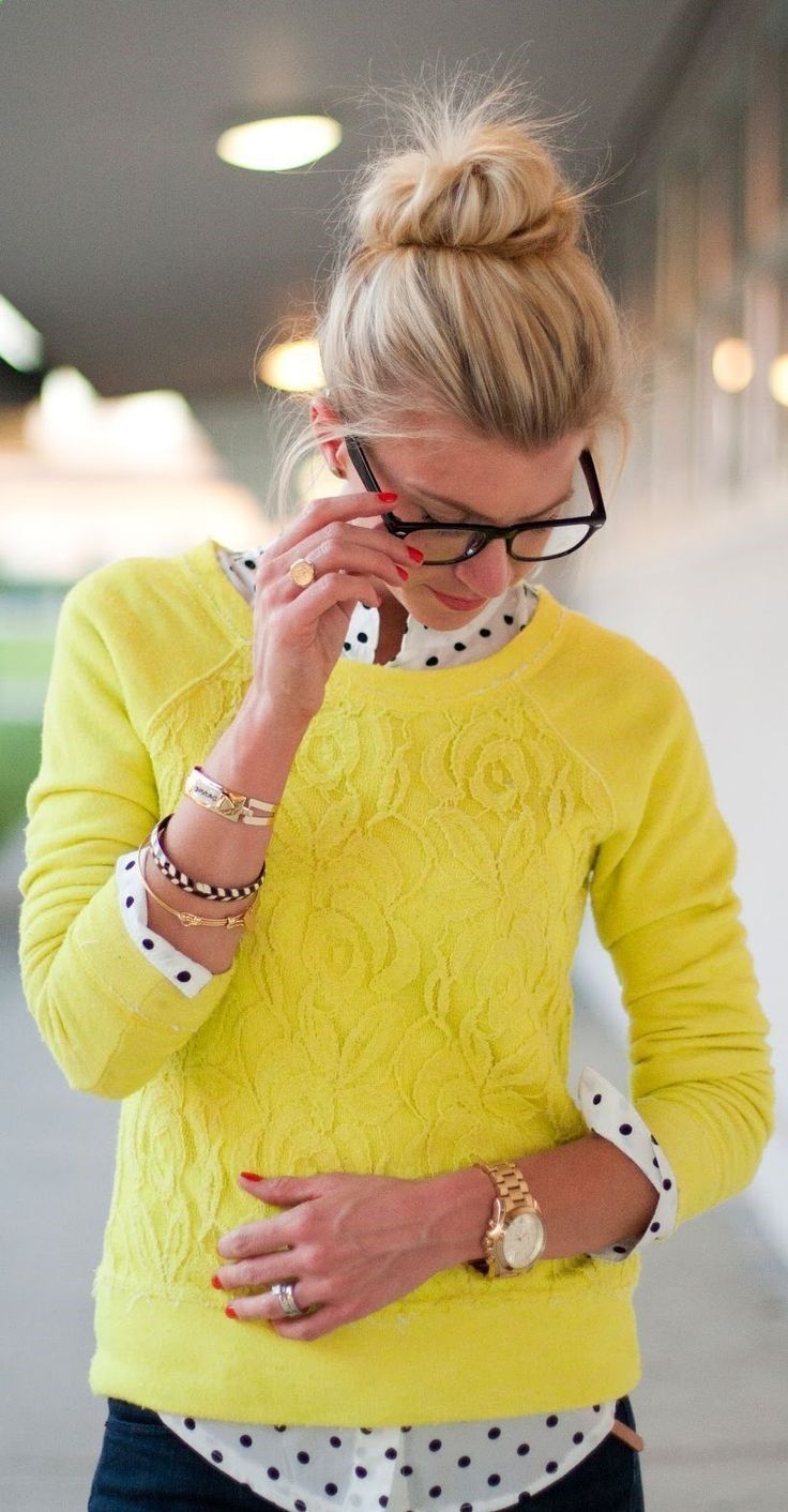 Love the polka dot underneath, and the understated floral design sweater on top, but would choose a different color, mango maybe