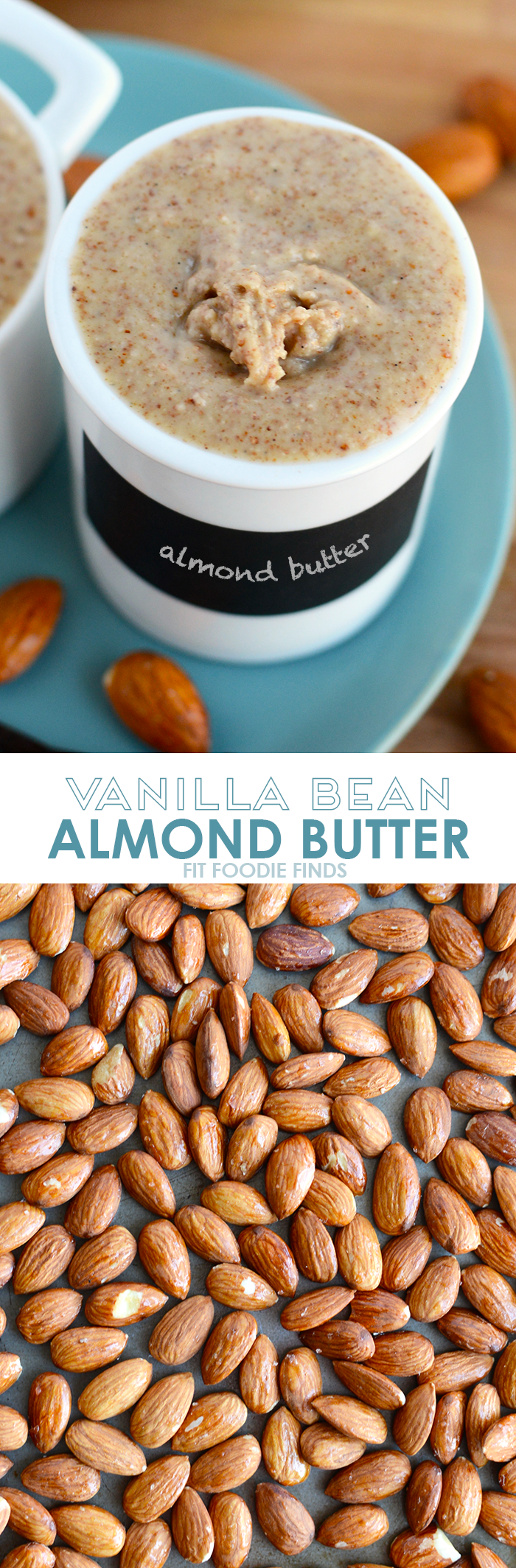Make your own vanilla bean almond butter with just a few whole ingredients and a food processor. No additives involved or refined