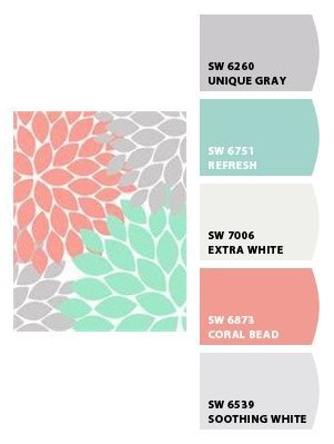 Nursery Colors: Grey, Soft Coral, Aqua (Or Soft Teal or Turquoise) Grey and White.  Chip It! by Sherwin-Williams – Home Sherwin