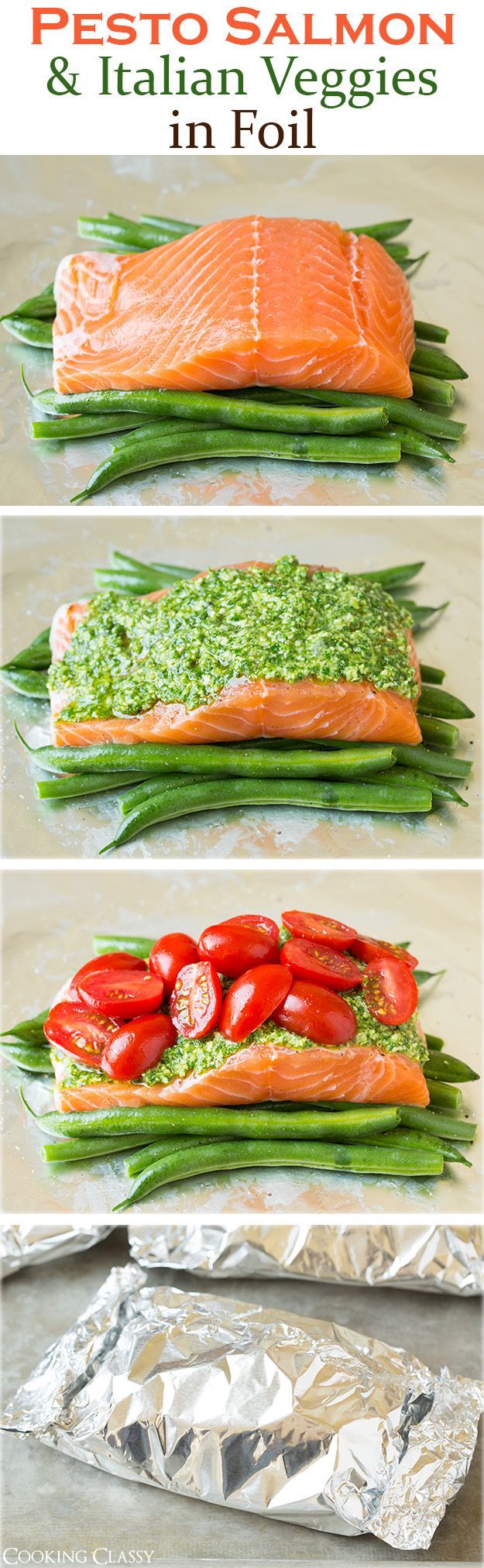 Pesto Salmon and Italian Veggies in Foil – this is an easy, flavorful dinner that is sure to please! So delicious!
