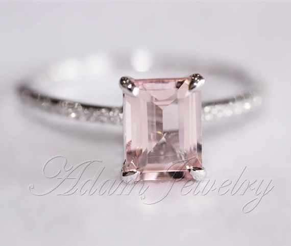 Pink Emerald Cut VS Morganite Ring SI/H Diamonds Wedding Ring 14K White Gold/ White Gold Engagement Ring/ Promise Ring/