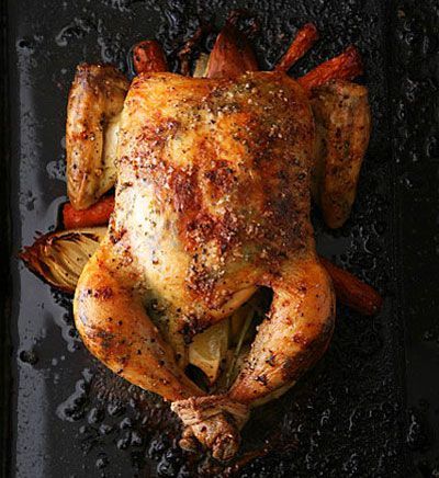 saveur roast chicken – this has become a regular in our house.  the herb butter makes the veggies delicious.  I always triple the
