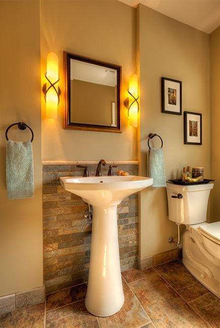 Small Bathroom Secrets: How to Pick the Right Vanity. Like the brick behind sink. Use Decorative trim to create the indent around