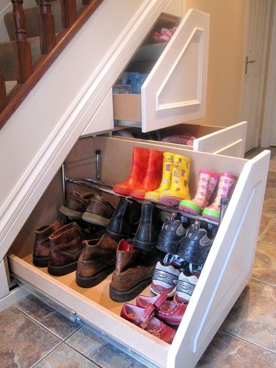 Stair Shoe Storage. Great idea.