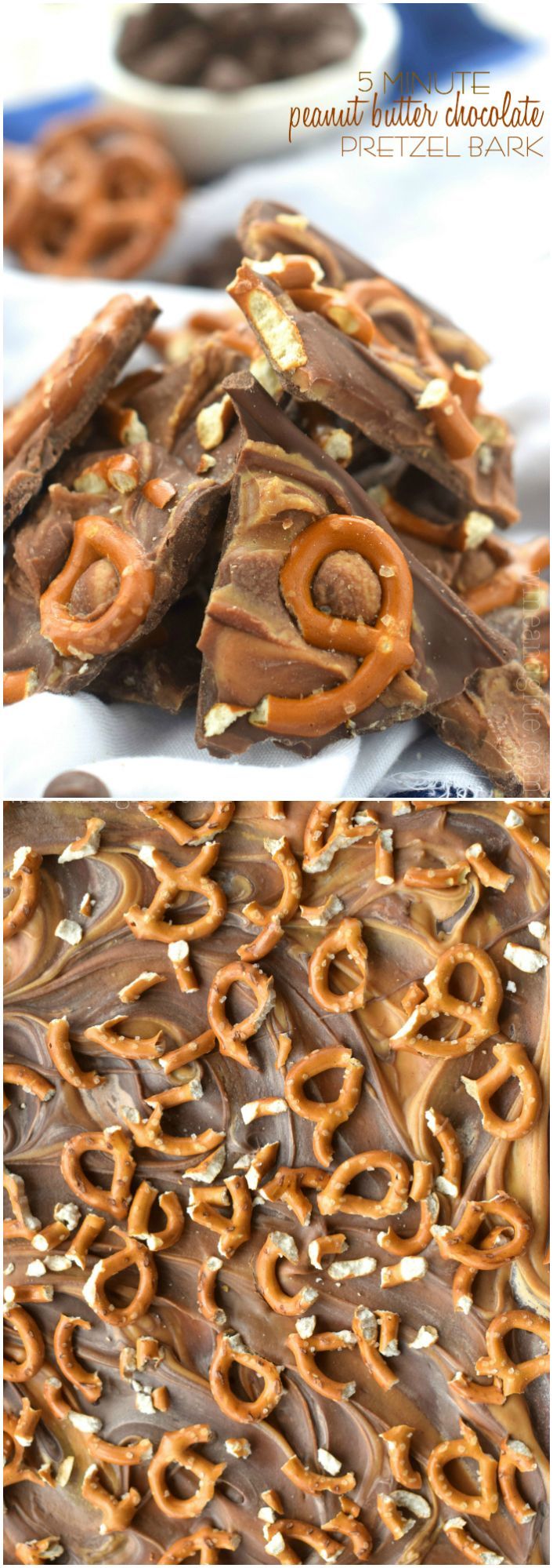 This Five Minute Peanut Butter Chocolate Pretzel Bark is about as quick as it gets and SO delicious!