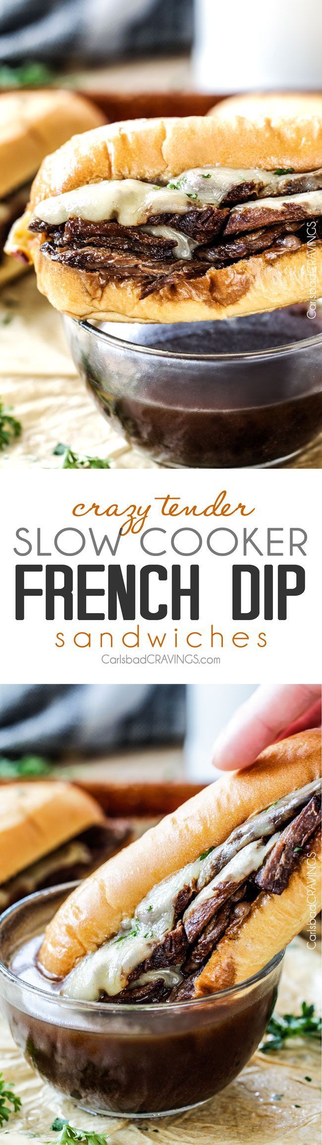 5 minute prep Crazy tender Slow Cooker French Dip Sandwiches seeping with spices are unbelievably delicious and make the easiest