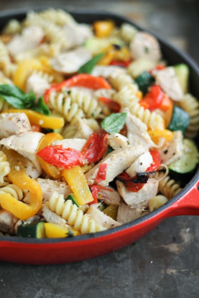 A healthy veggie-packed garlic parmesan pasta with chicken and roasted bell peppers. Flavorful and easy to make for dinner!
