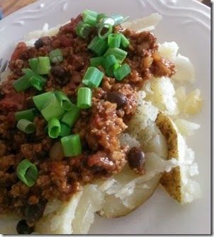 A hearty Daniel Fast meal option– a baked potato topped with meatless chili.