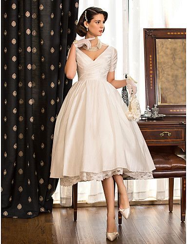 A-line Princess V-neck Tea-length Taffeta Wedding Dress