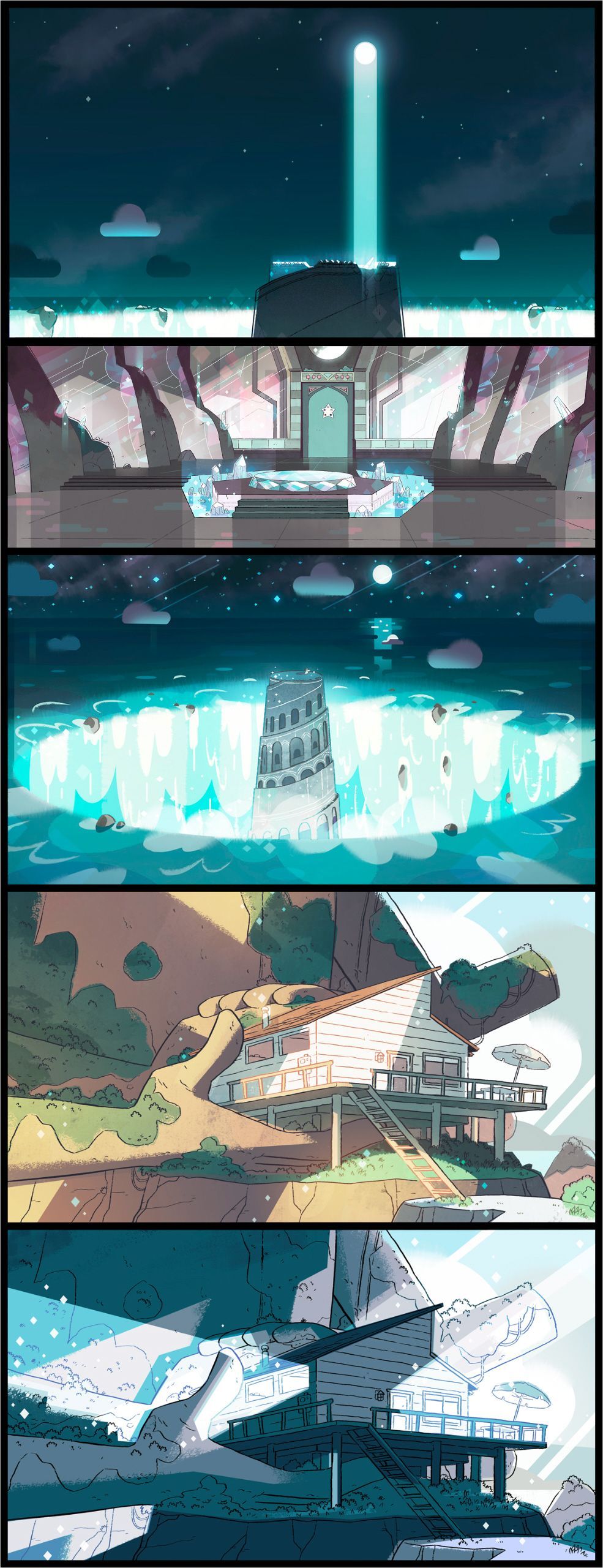 A selection of backgrounds from the Steven Universe episode: “Cheeseburger Backpack”. Direction: Kevin Dart; Design: Steven Sugar,