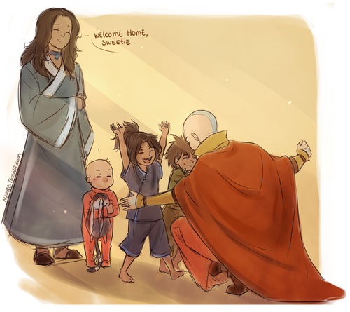Aang returning home. Look at Tenzin holding his little lemur-bat!