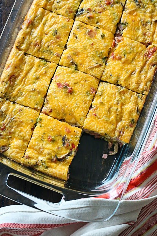 An easy & light brunch egg dish LOADED with veggies, ham and cheese.