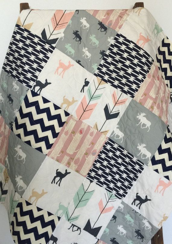 Baby Quilt, Girl, Moose, Bow and Arrow, Fawn, Woodland, Birch Forest, Deer, Navy, Mint, Pink, Gray, Crib Bedding, Baby Bedding,