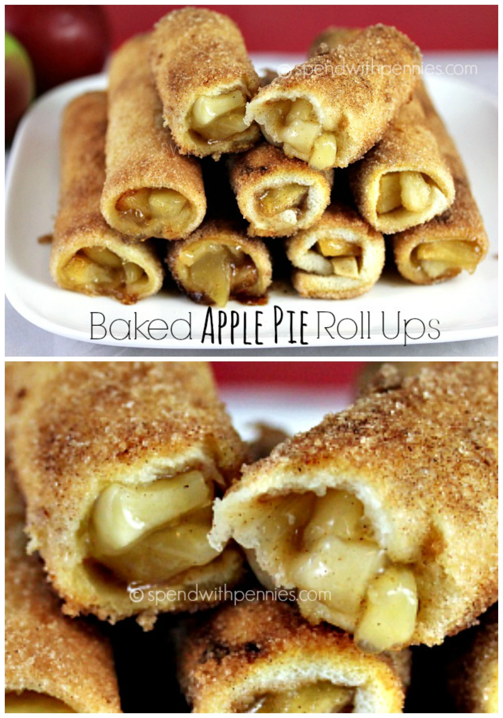 Baked Apple Pie Roll Ups!  Easy to make, even easier to eat… Apple pie filling wrapped in a crispy cinnamon sugar shell!