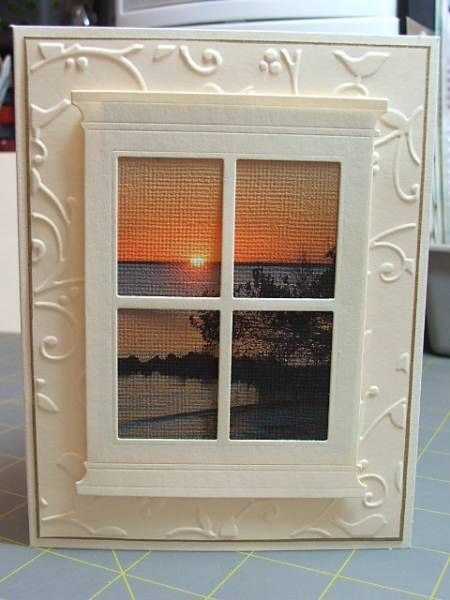 beautiful handmade card: Sunset in the Harbor by cardmaker13 … window frame die cut from Memory Box … she printed a photo onto