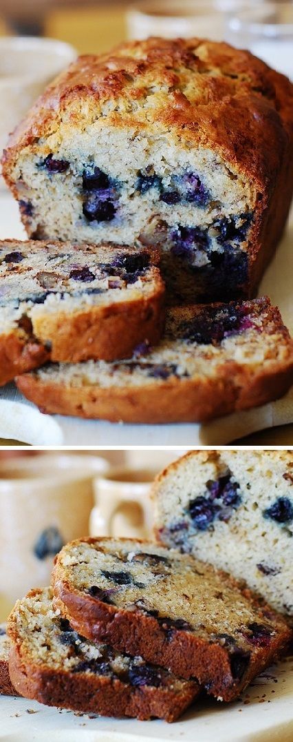 Blueberry banana bread – perfect for the Summer! Only 1/3 cup butter used, the rest is replaced with Greek yogurt.
