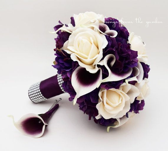 Bridal Bouquet Real Touch Picasso Callas Ivory Roses Purple Hydrangea Real Touch Rose Grooms Boutonniere Purple Plum White Wedding