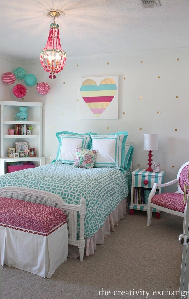 Bright and bold girl’s bedroom. A lot of fun DIY projects. The Creativity Exchange
