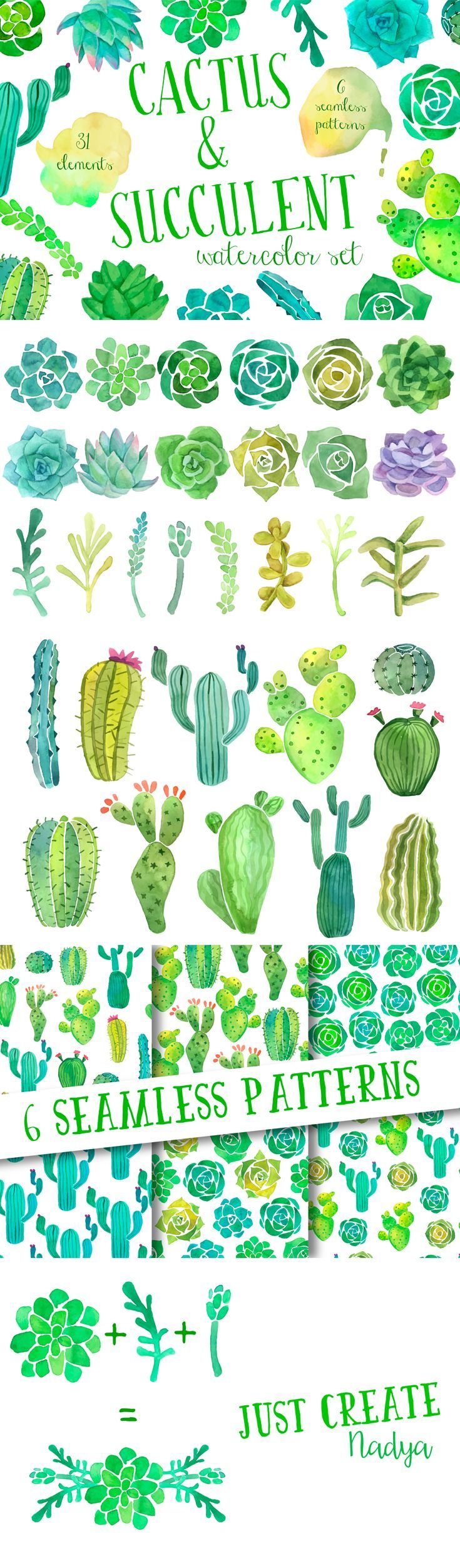 cacti cactus watercolor clip art aqua green