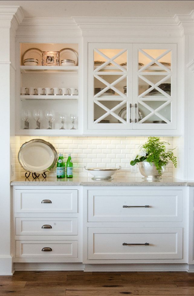 California Beach House with Transitional Interiors –  Beautiful cabinet – love the upper cabinet with open space and ‘x’ glass