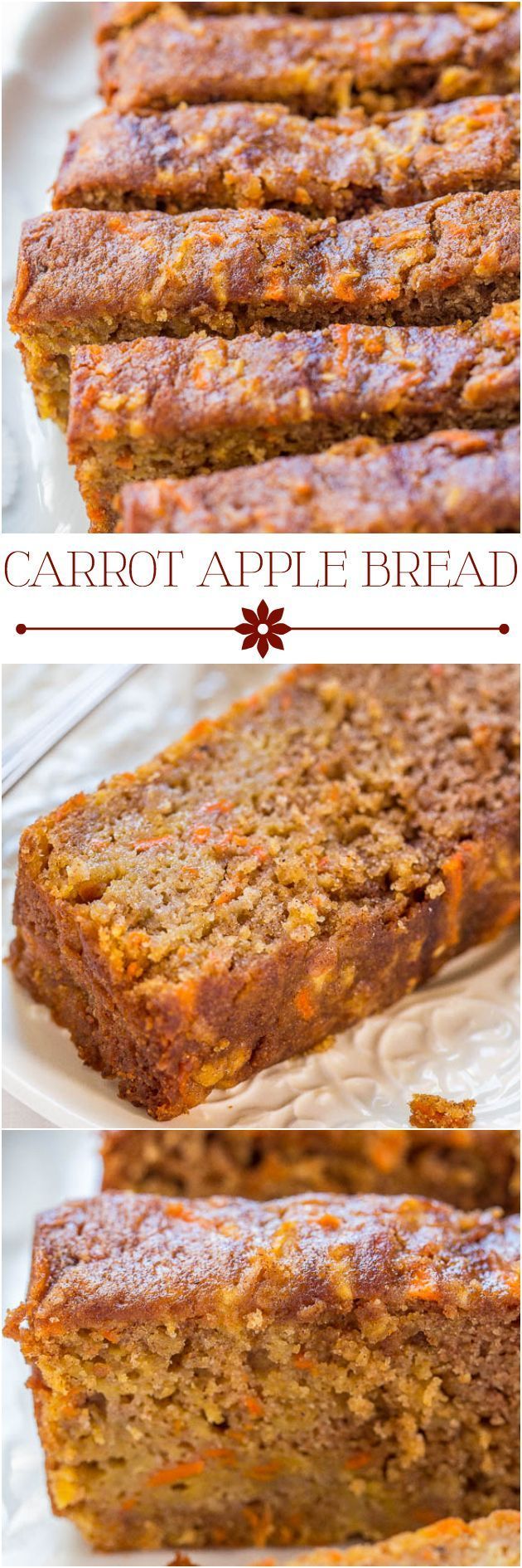 Carrot Apple Bread – Carrot cake with apples added and baked as a bread so it’s healthier! Super moist, packed with flavor, fast
