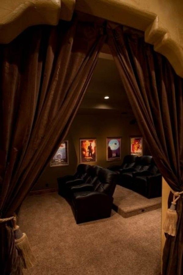 curtains to sheild light from rest of room….step up for second row seating…cool basement ideas home theater 600×899 Impressive