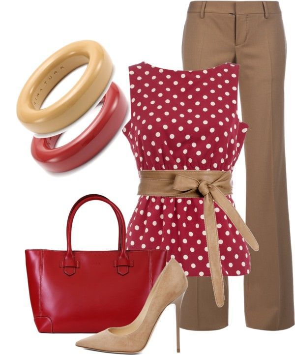 Cute combination of wardrobe staples in red and beige/tan