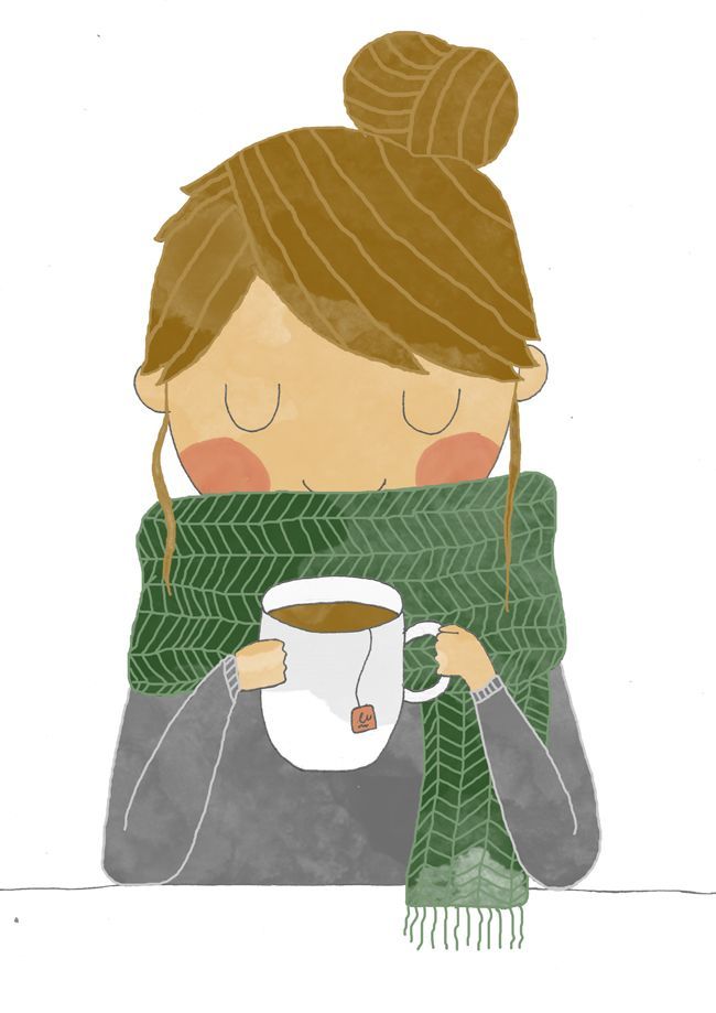 Cute drawing of a woman with hair in a bun, cozy big scarf, sweater, and a cuppa!  Portraits – Laura Caldentey illustration